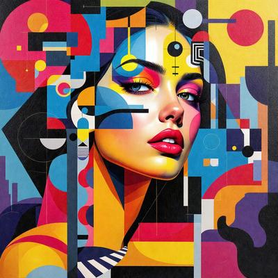 The primary subject of the image is a woman with a striking appearance. She is the main focus of the image, and her features are highlighted with vibrant colors. The setting is a colorful and abstract background, which adds to the overall visual style of the image. The woman's makeup and the artistic elements in the background create a unique and eye-catching visual experience.